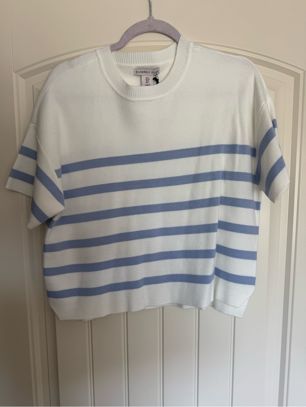 Sincerely Jules White Crewneck Sweater with Light Blue Stripes